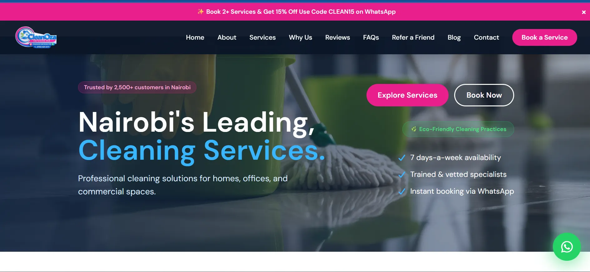 CleanOza Cleaning Services home page web design preview