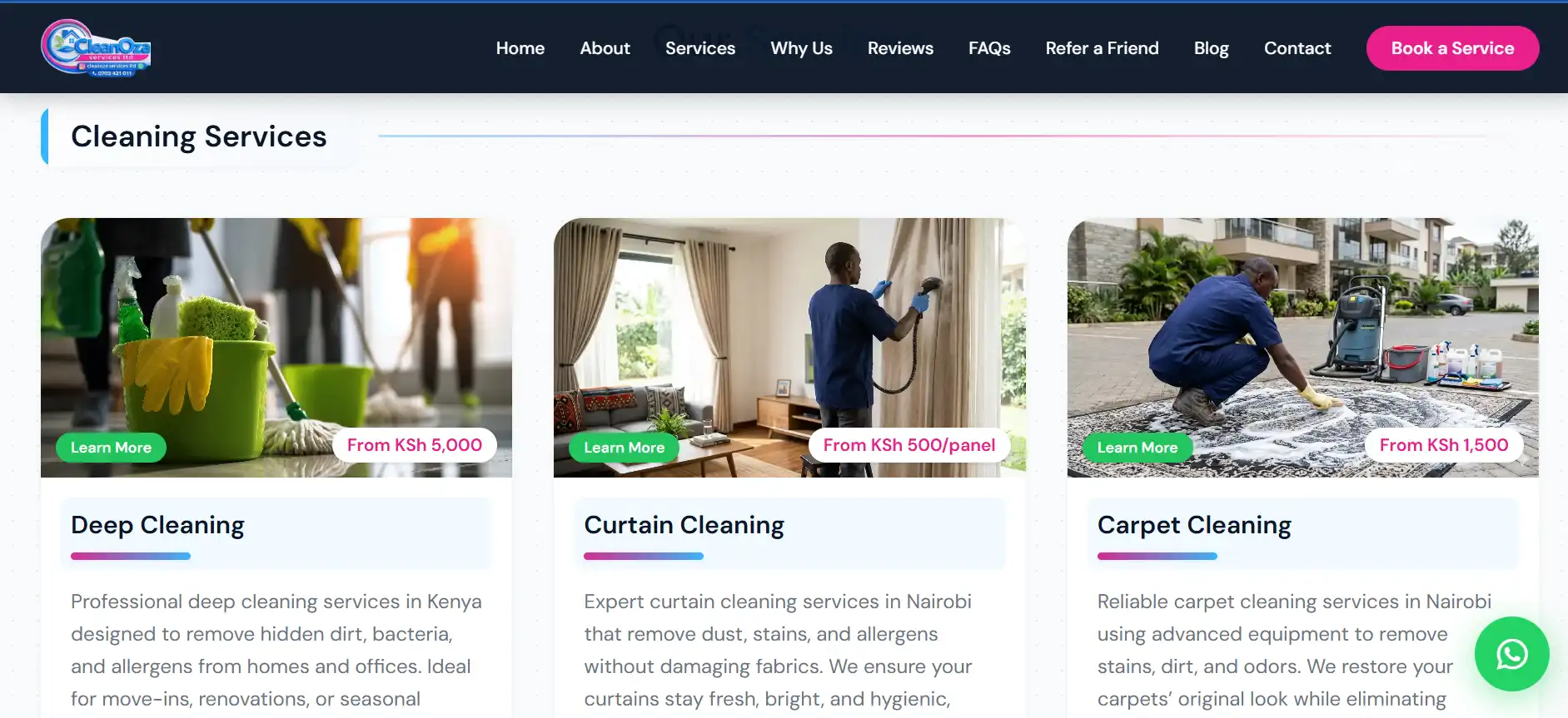 CleanOza Cleaning Services internal page showcase layout