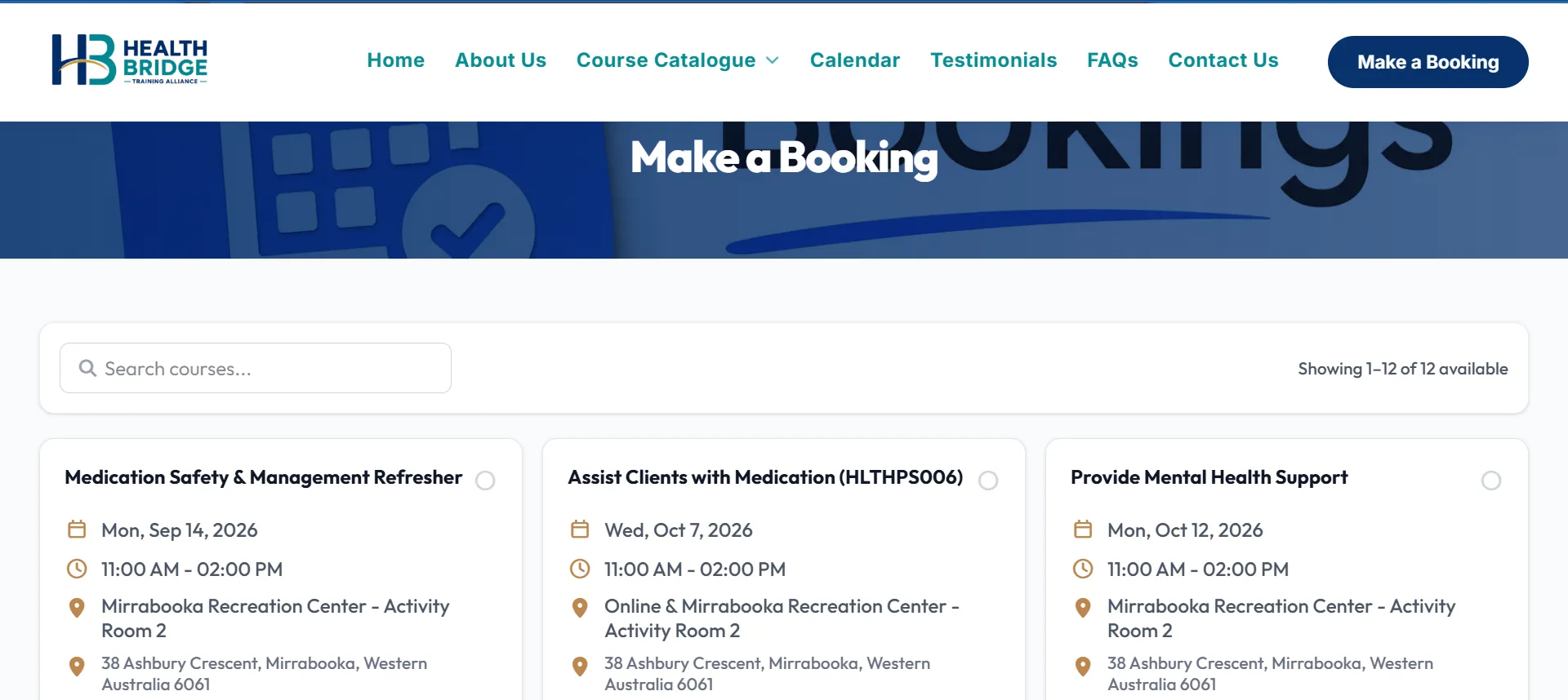 Health Bridge Training Alliance web booking application view