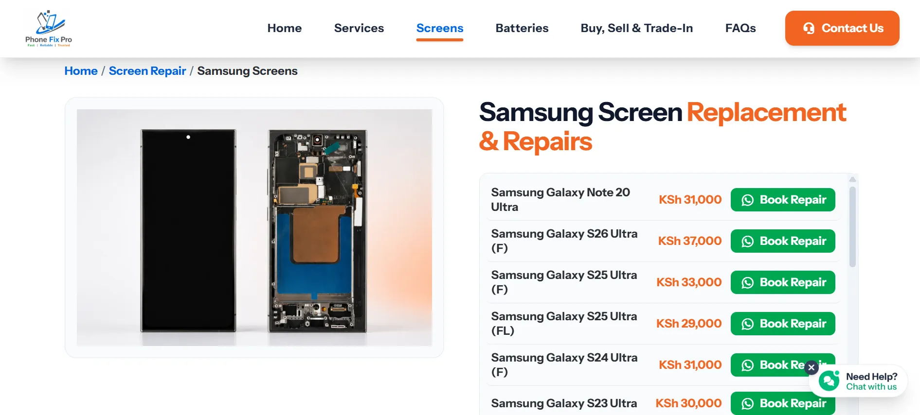 Phone Fix Pro website Samsung repairs layout